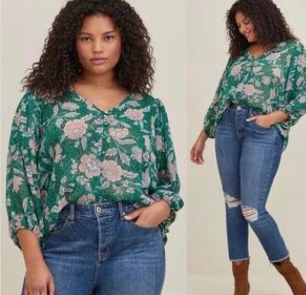 Torrid Chiffon boho floral flowy Lurex Button-Up Blouse top size 1 green/pink
